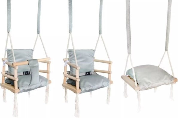Houten 3-in-1 Meegroeischommel met Kussen – Baby & Kinder Schommelstoel – Binnen & Buiten Schommel – Lichtgrijs - Image 11